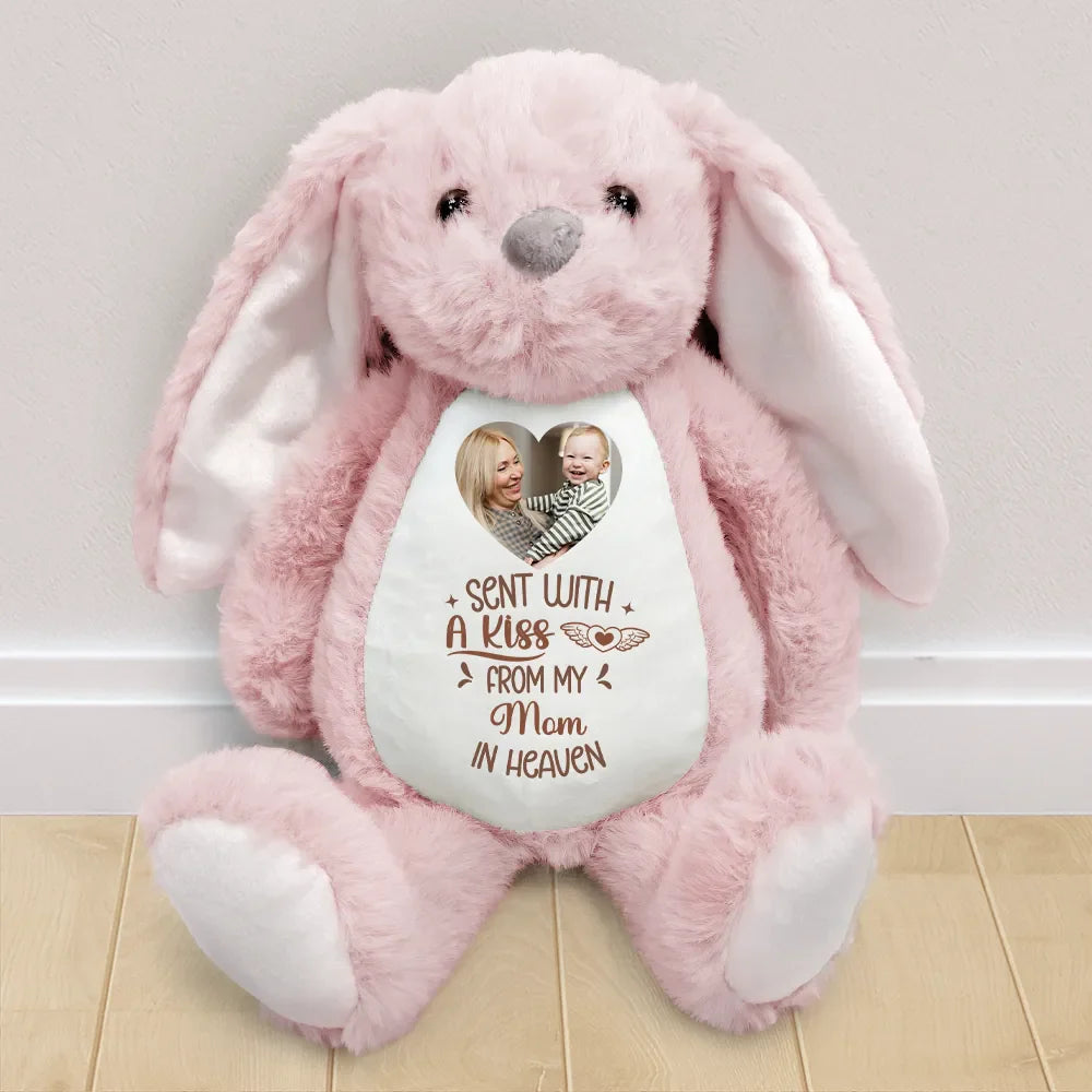 Memorial,Family,Gift For Grandparents,Parents - Custom Photo Memorial Sent With A Kiss From My Great Grandma In Heaven - Personalized Soft Toy Bunny