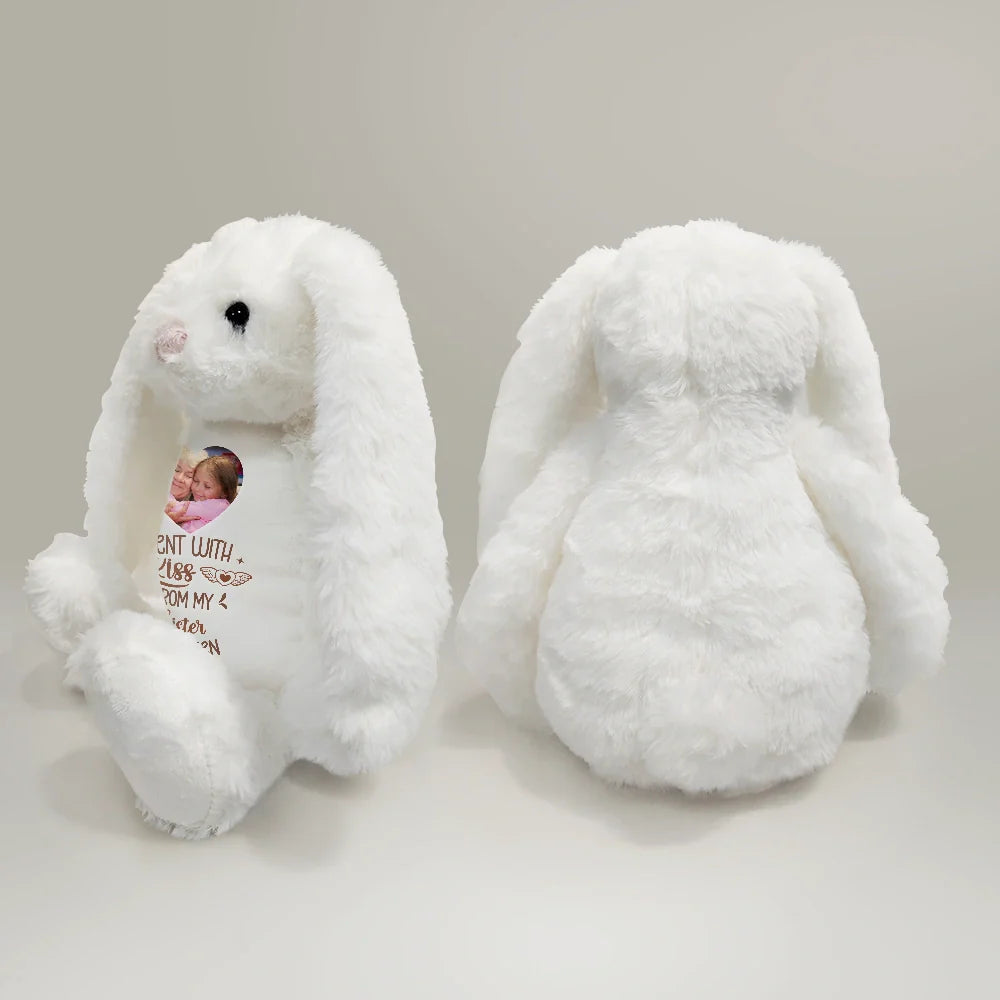 Memorial,Family,Gift For Grandparents,Parents - Custom Photo Memorial Sent With A Kiss From My Great Grandma In Heaven - Personalized Soft Toy Bunny