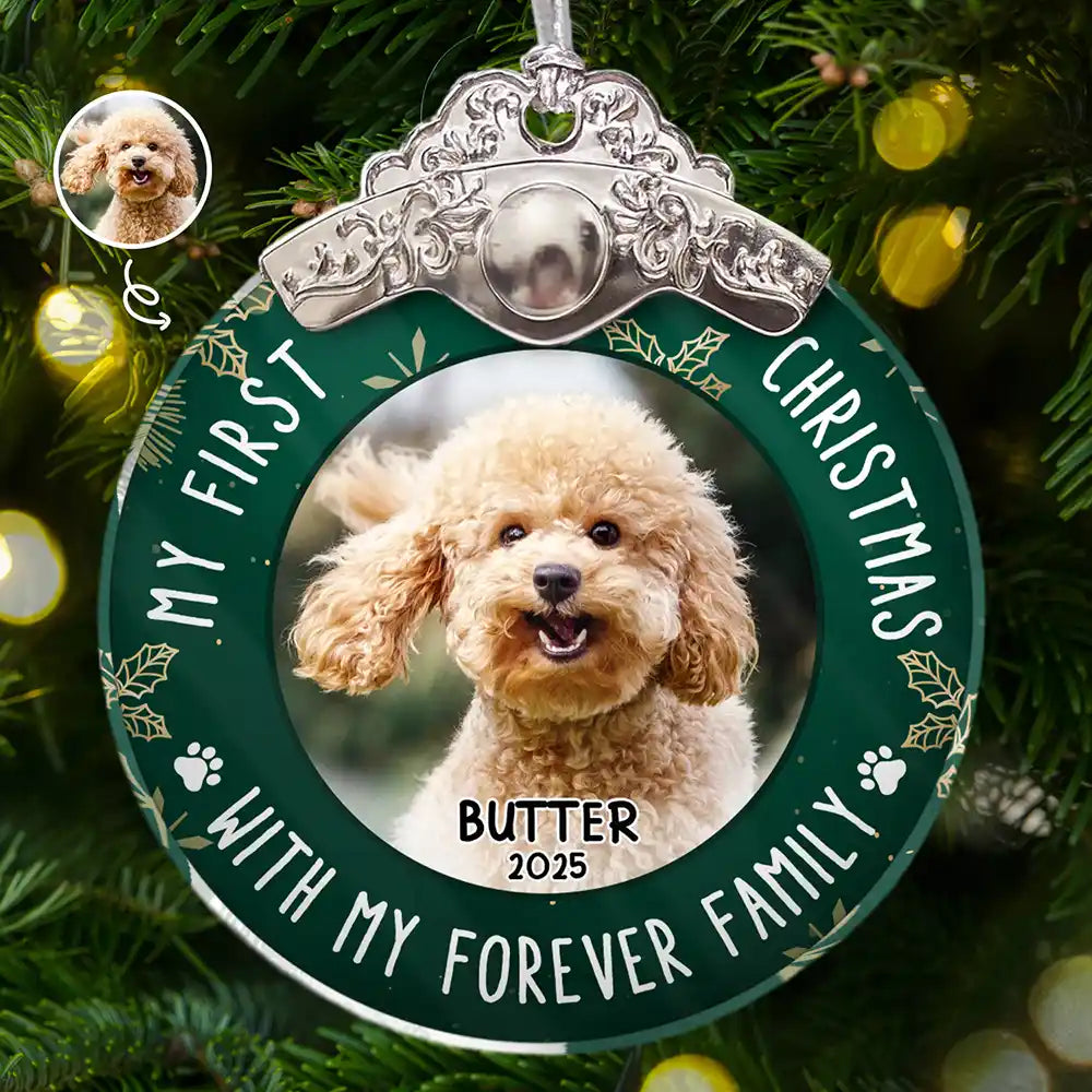 Pet Lovers,Custom Photo,Christmas,Happy - Custom Photo First Christmas Pet Lovers - Personalized Glass Ornament With Silver Cap