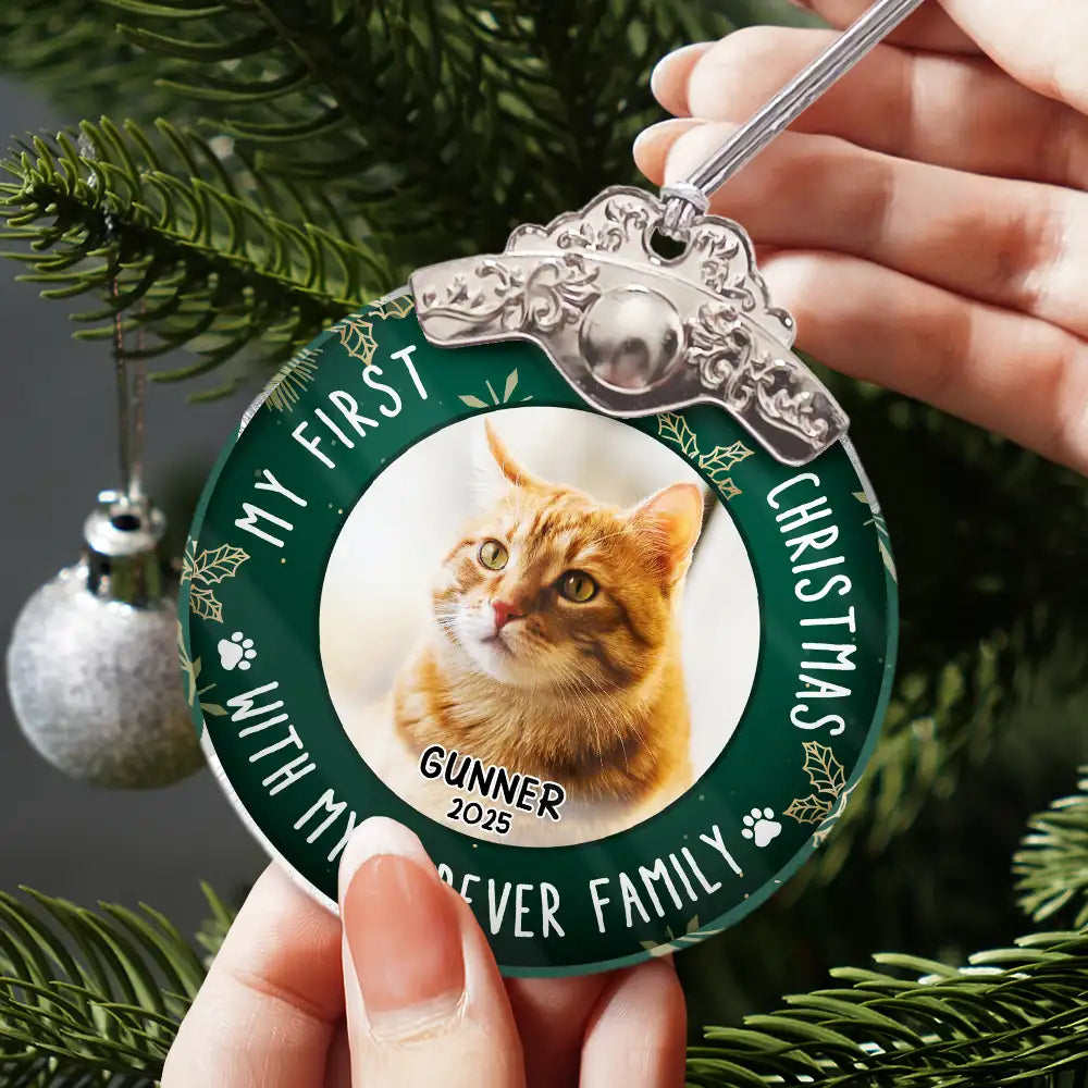 Pet Lovers,Custom Photo,Christmas,Happy - Custom Photo First Christmas Pet Lovers - Personalized Glass Ornament With Silver Cap