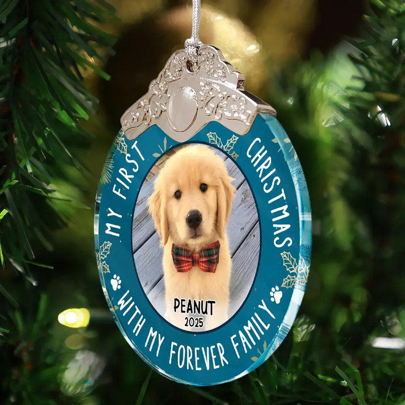 Pet Lovers,Custom Photo,Christmas,Happy - Custom Photo First Christmas Pet Lovers - Personalized Glass Ornament With Silver Cap