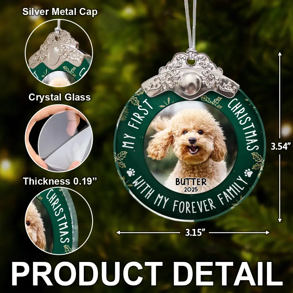 Pet Lovers,Custom Photo,Christmas,Happy - Custom Photo First Christmas Pet Lovers - Personalized Glass Ornament With Silver Cap