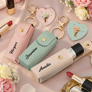Gift For Women,Gift For Wife,Gift For Girlfriend,Love - Birth Month Flower Bouquet With Name - Personalized Leather Lipstick Case Keychain With Mirror