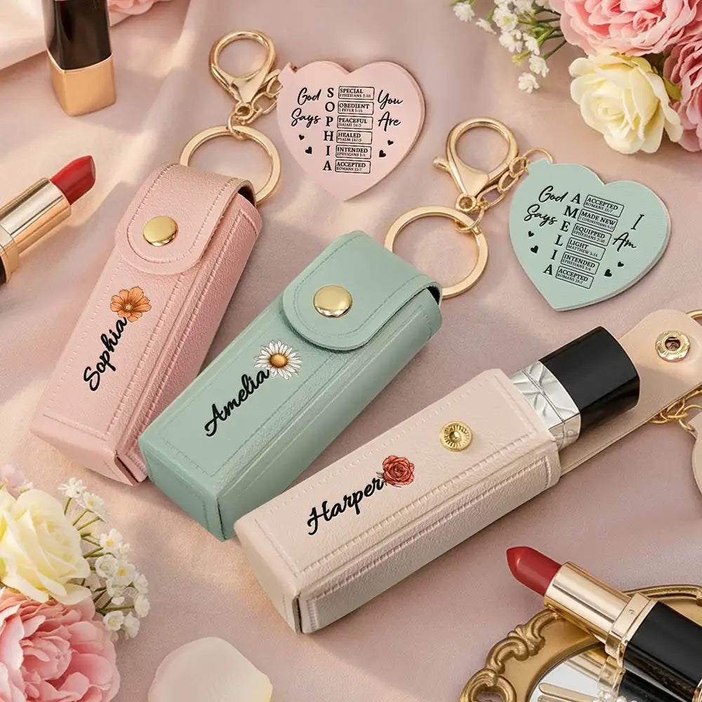 God Says You Are Birth Month Flower - Personalized Leather Lipstick Case Keychain With Mirror