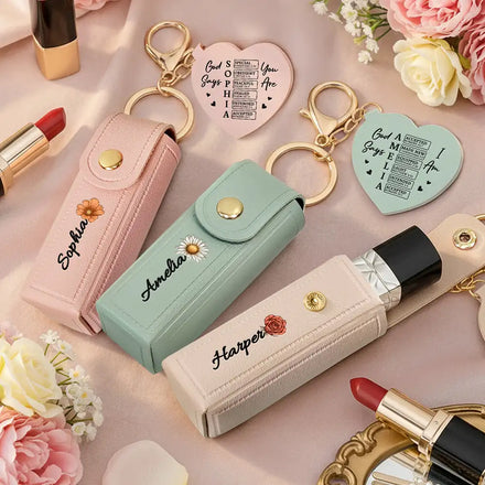 God Says You Are Birth Month Flower - Personalized Leather Lipstick Case Keychain With Mirror