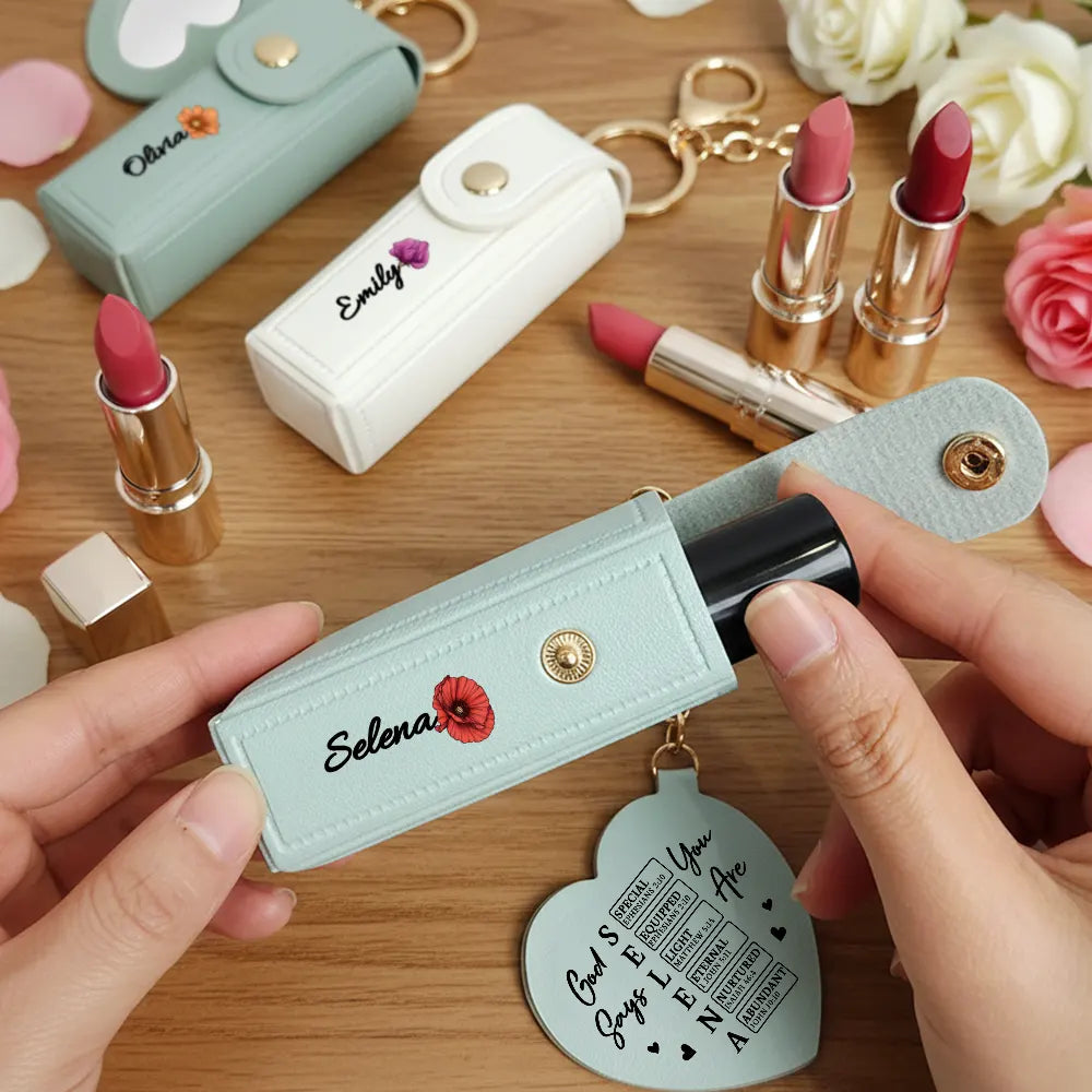 Gift For Women,Gift For Wife,Gift For Girlfriend,Love,Christian - God Says You Are Birth Month Flower - Personalized Leather Lipstick Case Keychain With Mirror