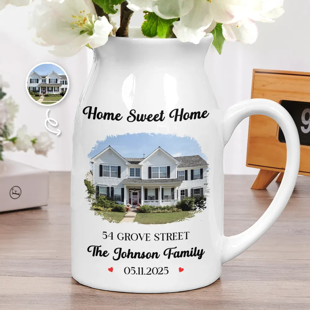 Gift For Couples,Family,Gift For Bestie - Custom Photo Our First Home Housewarming Gifts For Couple Family - Personalized Ceramic Flower Vase