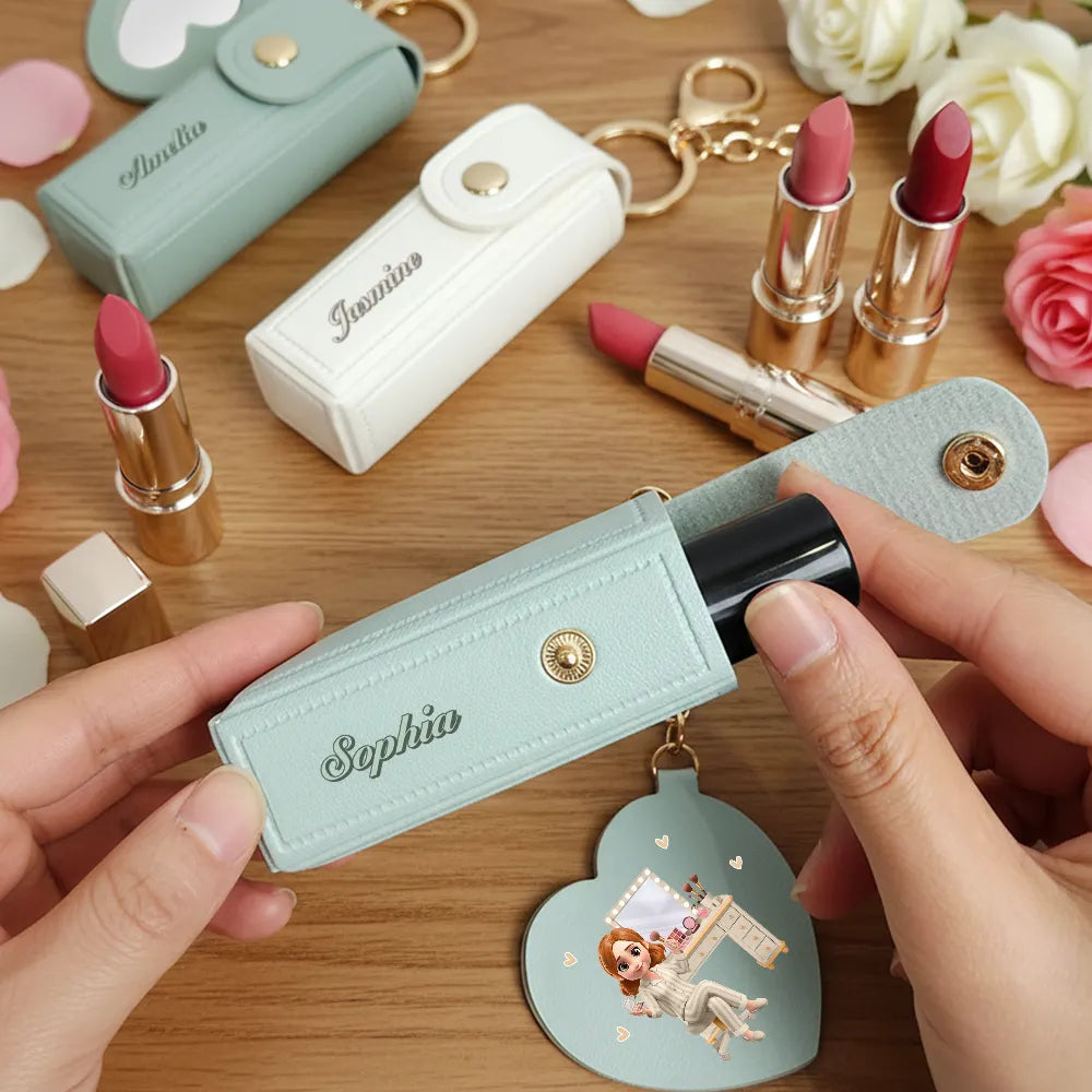 Gift For Women,Gift For Wife,Gift For Girlfriend,Gift For Yourself,Gift For Aunt,Gift For Mother,Gift For Grandma,Gift For Daughter,Gift For Sisters,Gift For Bestie - Makeup Girl With Custom Name - Personalized Leather Lipstick Case Keychain With Mirror