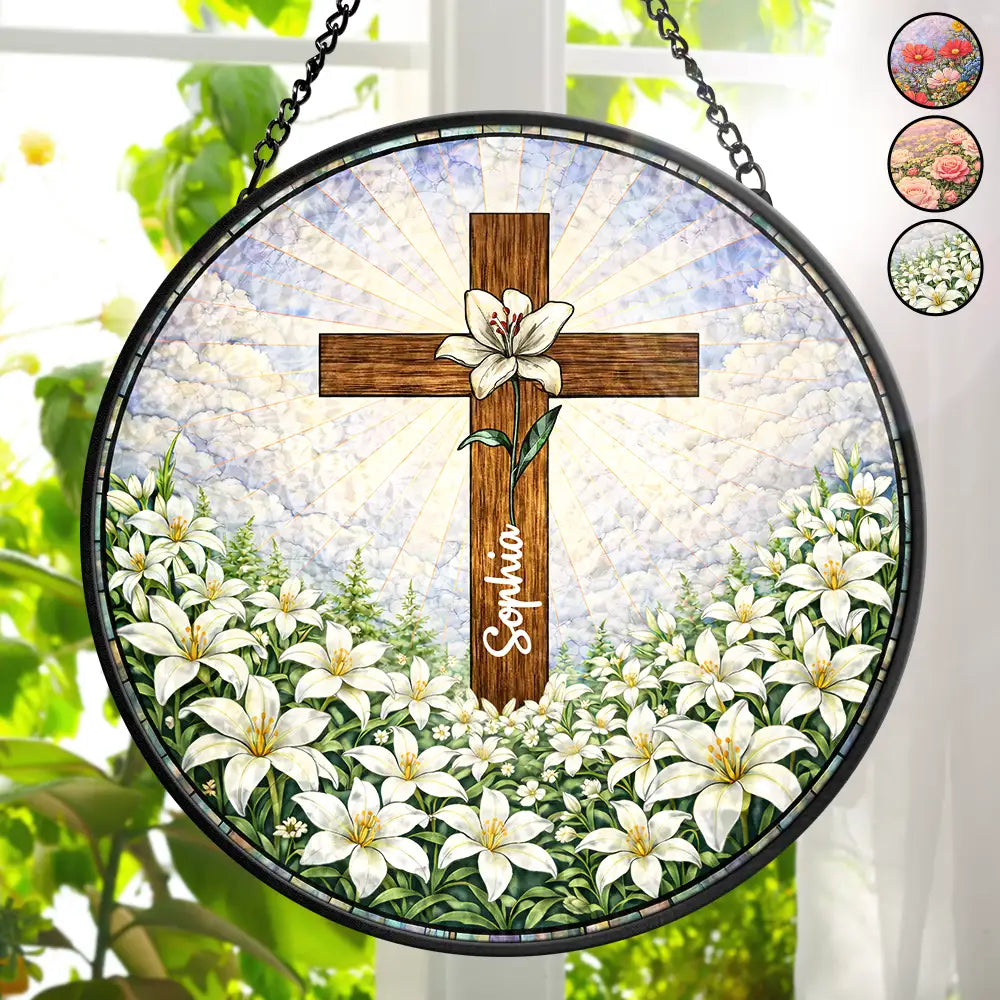 Christian,Gift For Yourself,Gift For Women,Gift For Wife,Gift For Girlfriend,Gift For Aunt,Gift For Mother,Gift For Daughter,Gift For Sisters,Gift For Bestie - Christian Cross And Wildflowers - Personalized Stained Glass Window Hanging Suncatcher