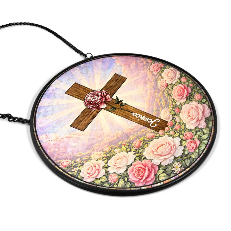 Christian,Gift For Yourself,Gift For Women,Gift For Wife,Gift For Girlfriend,Gift For Aunt,Gift For Mother,Gift For Daughter,Gift For Sisters,Gift For Bestie - Christian Cross And Wildflowers - Personalized Stained Glass Window Hanging Suncatcher