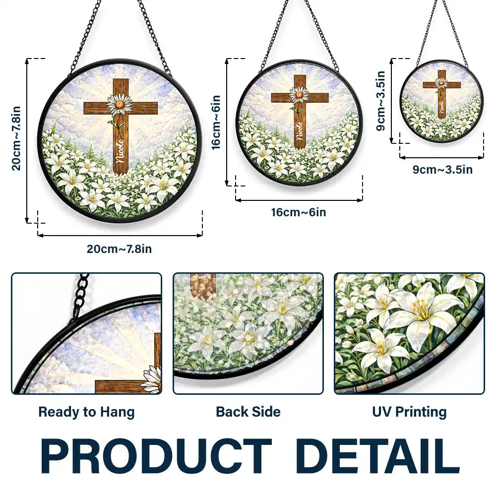 Christian,Gift For Yourself,Gift For Women,Gift For Wife,Gift For Girlfriend,Gift For Aunt,Gift For Mother,Gift For Daughter,Gift For Sisters,Gift For Bestie - Christian Cross And Wildflowers - Personalized Stained Glass Window Hanging Suncatcher