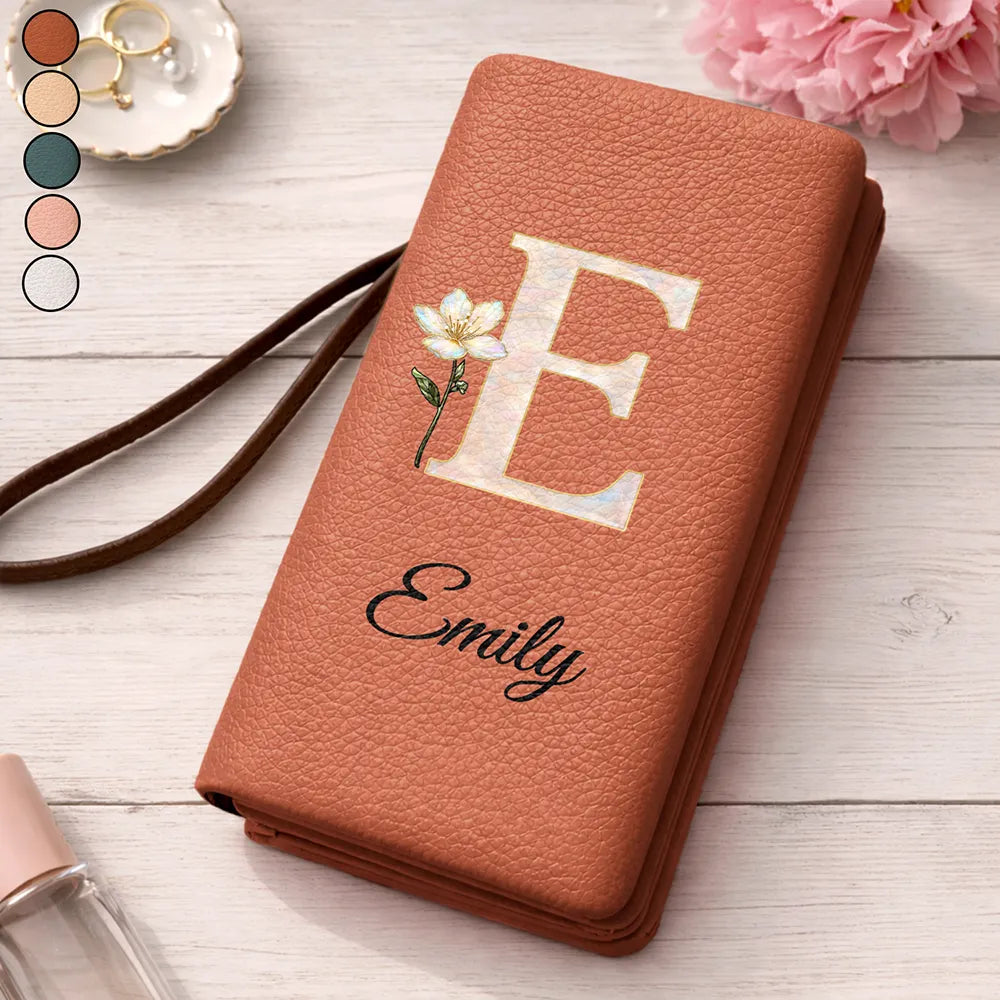 Mom - Daughters (Adult),Mom - Daughters (Young),Mom - Sons,Mom - Children,Gift For Mother,Love - Faux Pearl Effect Birth Month Flower And Name - Personalized Tri-Fold PU Leather Wristlet Wallet