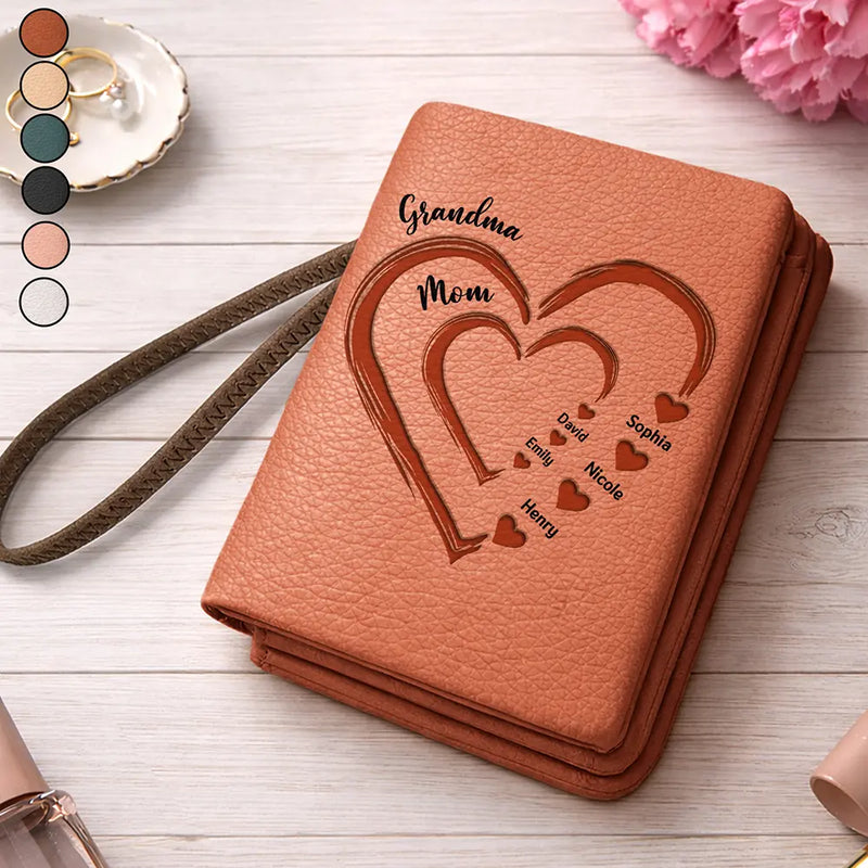 Gift For Grandma,Gift For Mother,Love,America 250th,Independence Day - Grandma Mom Sweethearts Faux Debossed - Personalized Tri-Fold PU Leather Wristlet Wallet