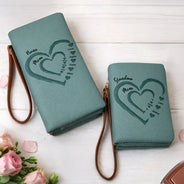 Gift For Grandma,Gift For Mother,Love,America 250th,Independence Day - Grandma Mom Sweethearts Faux Debossed - Personalized Tri-Fold PU Leather Wristlet Wallet