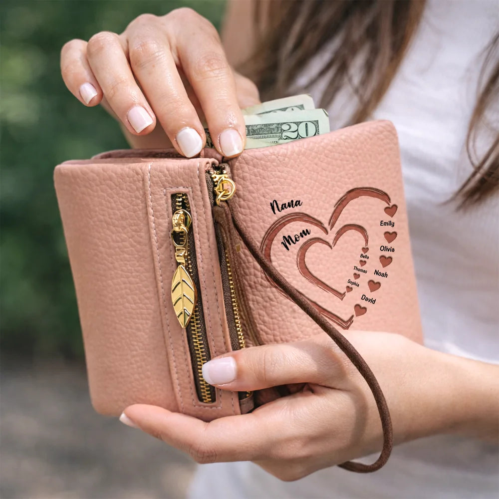 Gift For Grandma,Gift For Mother,Love,America 250th,Independence Day - Grandma Mom Sweethearts Faux Debossed - Personalized Tri-Fold PU Leather Wristlet Wallet