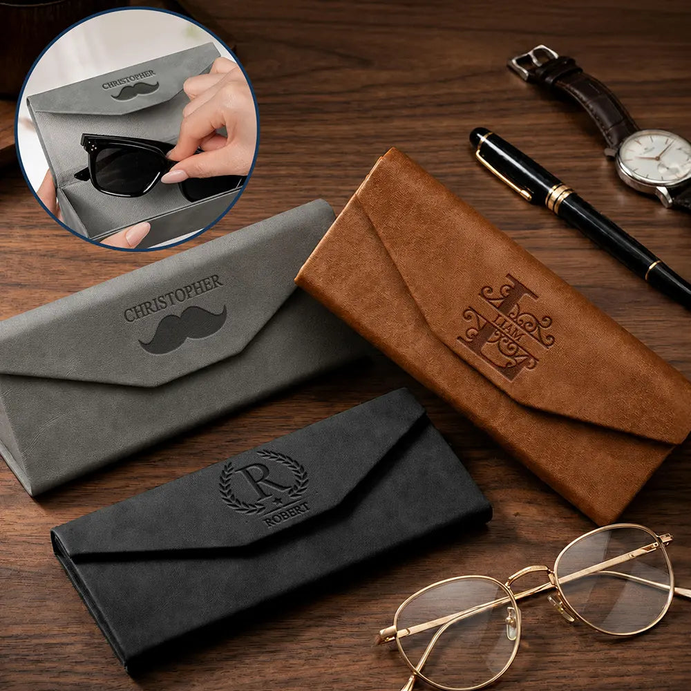 Custom Initial Name Eyeglasses Holder For Him, Husband, Father, Grandpa - Personalized Leather Glasses Case