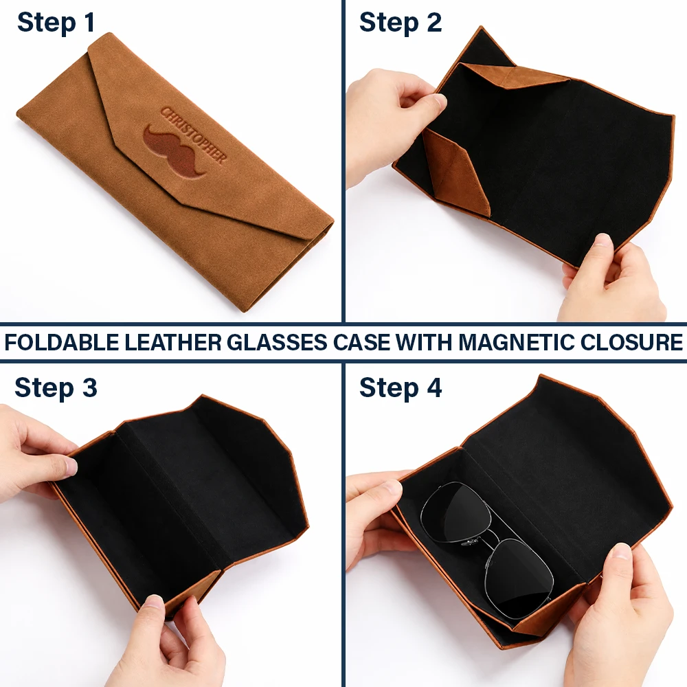Happy,Gift For Men,Gift For Father,Gift For Grandpa,Gift For Couples,Gift For Husband,Gift For Boyfriend,Non-Eng,Icon,Confident - Custom Initial Name Eyeglasses Holder - Gifts For Him, Husband, Father, Grandpa - Personalized Leather Glasses Case