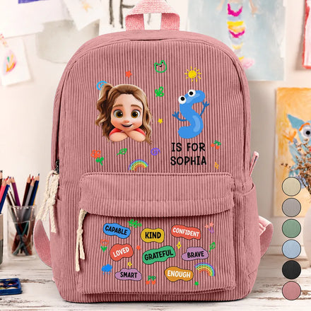 Monogram Back To School Kids Kind Capable Affirmations - Personalized Corduroy Backpack