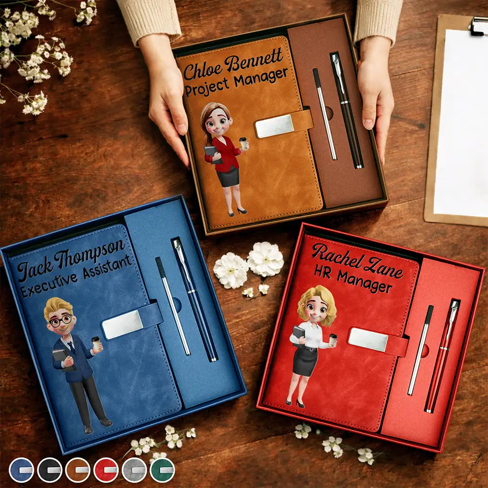 Office Coworker Gift Exchange Name & Title - Personalized Leather Notebook Set