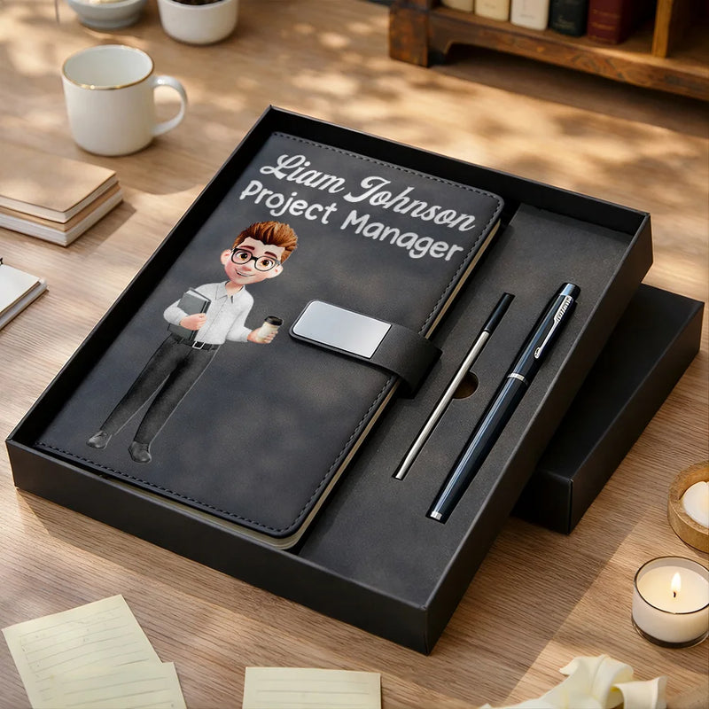 Gift For Colleagues,Christmas,Vector,Happy - Office Coworker Gift Exchange Name & Title - Personalized Leather Notebook Set