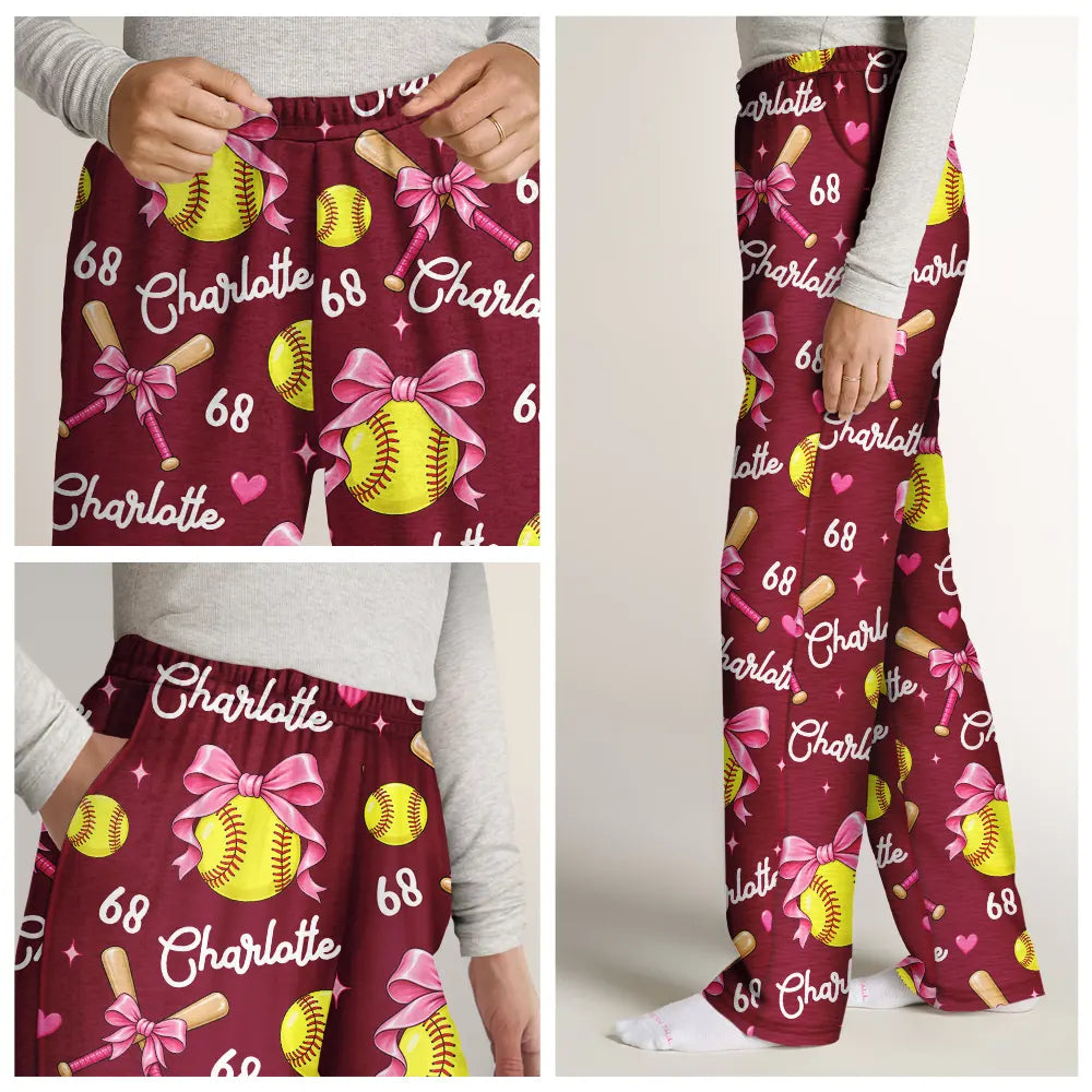 Top Market,Gifts For Her,Christmas,Softball,Gift For Yourself,Gift For Women,Icon,Happy - Coquette Bow Softball Player Softball Team Gift - Personalized Pajama Pants