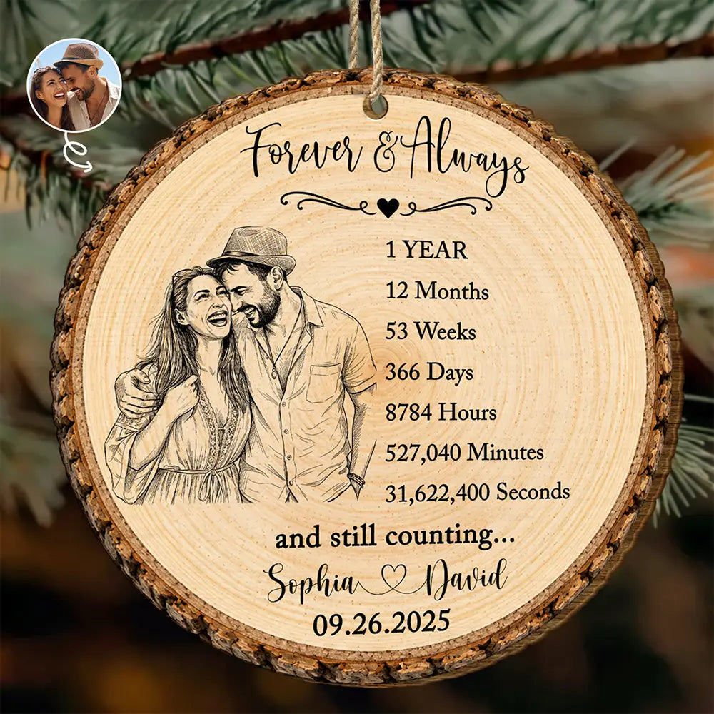 Anniversary Couple Gift - Personalized Custom Photo Pencil Sketch Forever & Always Wooden Ornament