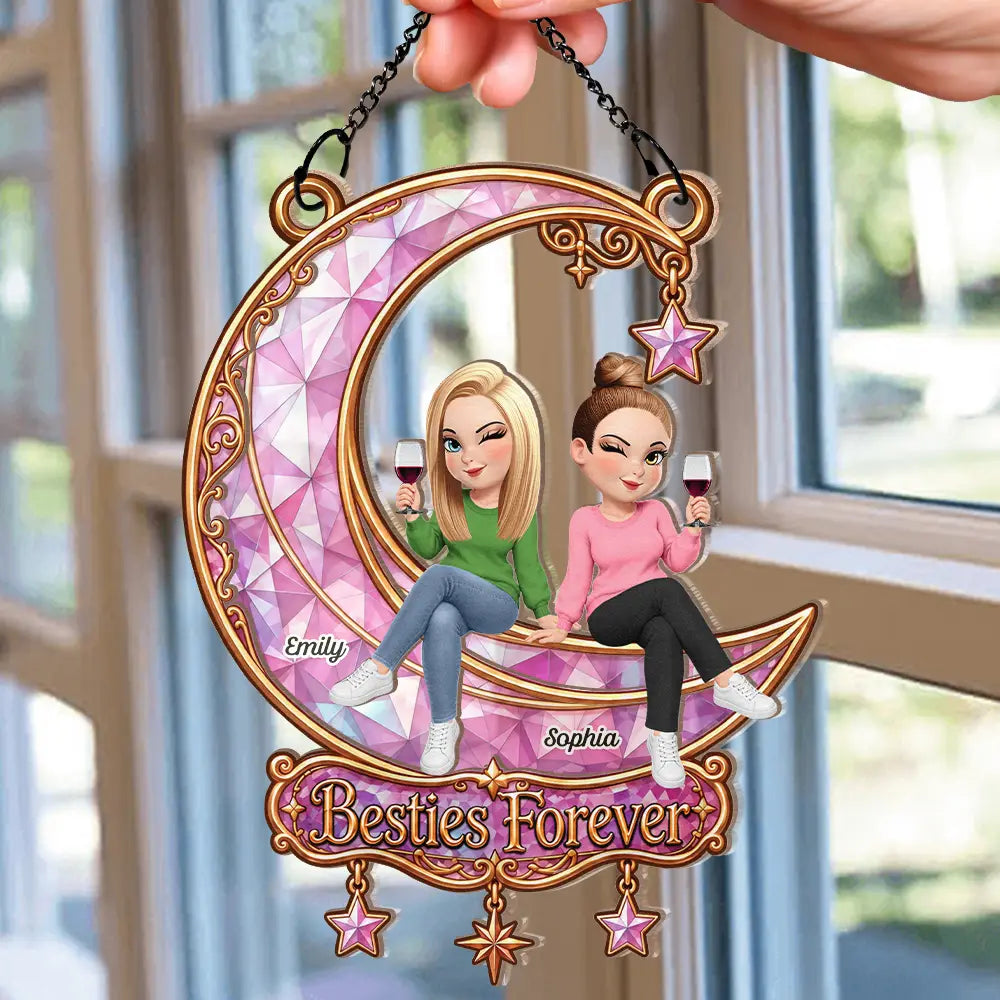 Afro Besties,Christmas,Gift For Bestie,Playful,Vector - Best Friend Keepsake - Personalized Besties Forever Sitting On Moon Window Hanging Suncatcher Ornament