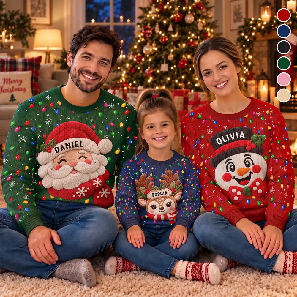 Christmas Gift For Family Couples - Personalized Character Faux Chenille Effect Santa Snowman Reindeer Unisex Ugly Sweater