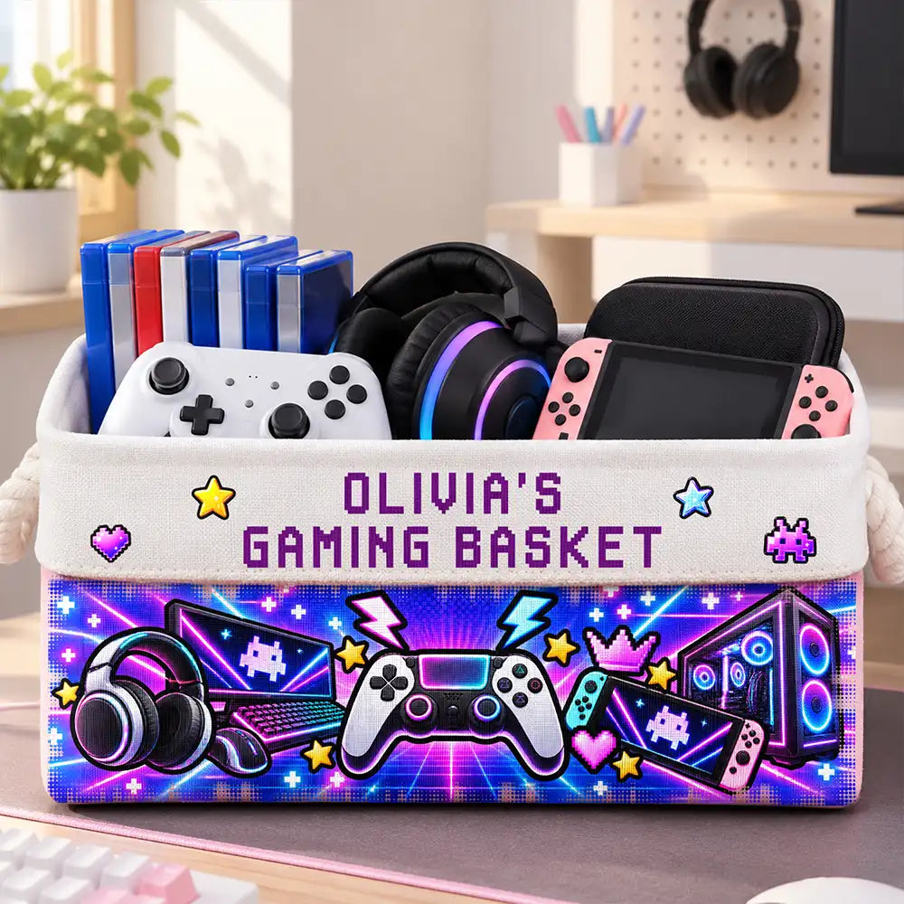 Christmas, Confident, Custom Text, Gaming, Gift For Kids, Top Market - Gift For Gaming Lovers Son Teen Boy - Personalized Name Neon Gaming Basket Storage Basket