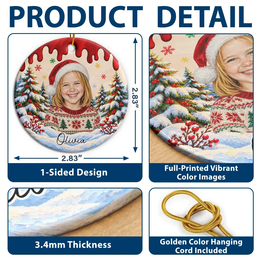 Art Design,Christmas,Custom Photo,Gift For Kids,Photo - Oil Painting,Playful,Top Market - Christmas Gift For Kids Family - Personalized Custom Photo & Name Kid Portrait In Snowy Forest With Paint Drip Circle Ceramic Ornament