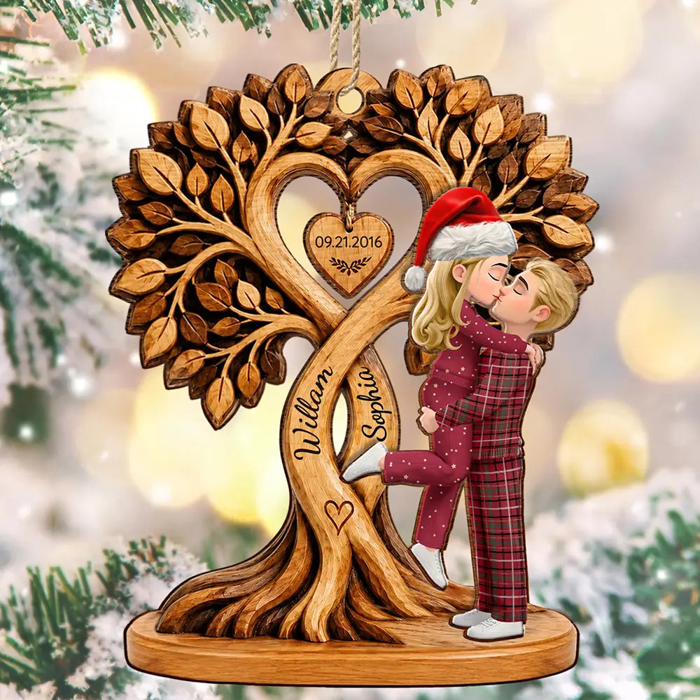 Anniversary,Christmas,Gift For Couples,Old Couples,Romantic,Vector - Christmas Gift For Couples - Personalized Heart Tree 2-Layered Wooden Ornament