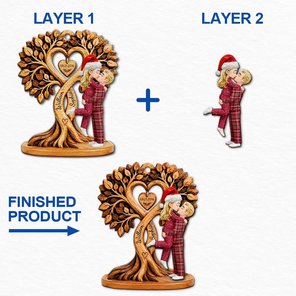 Anniversary,Christmas,Gift For Couples,Old Couples,Romantic,Vector - Christmas Gift For Couples - Personalized Heart Tree 2-Layered Wooden Ornament