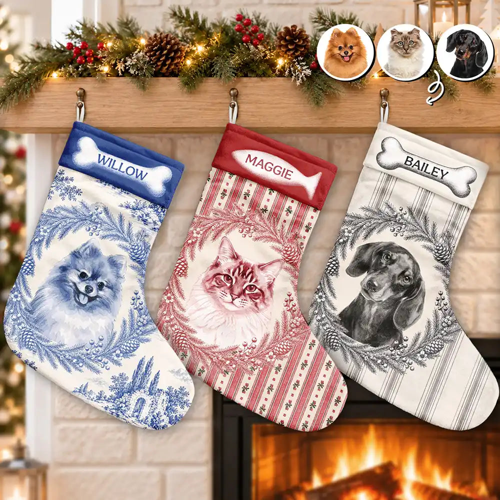 Farmhouse Mantel Decor For Pet Mom - Personalized Custom Photo Watercolor Vintage Toile Christmas Stocking