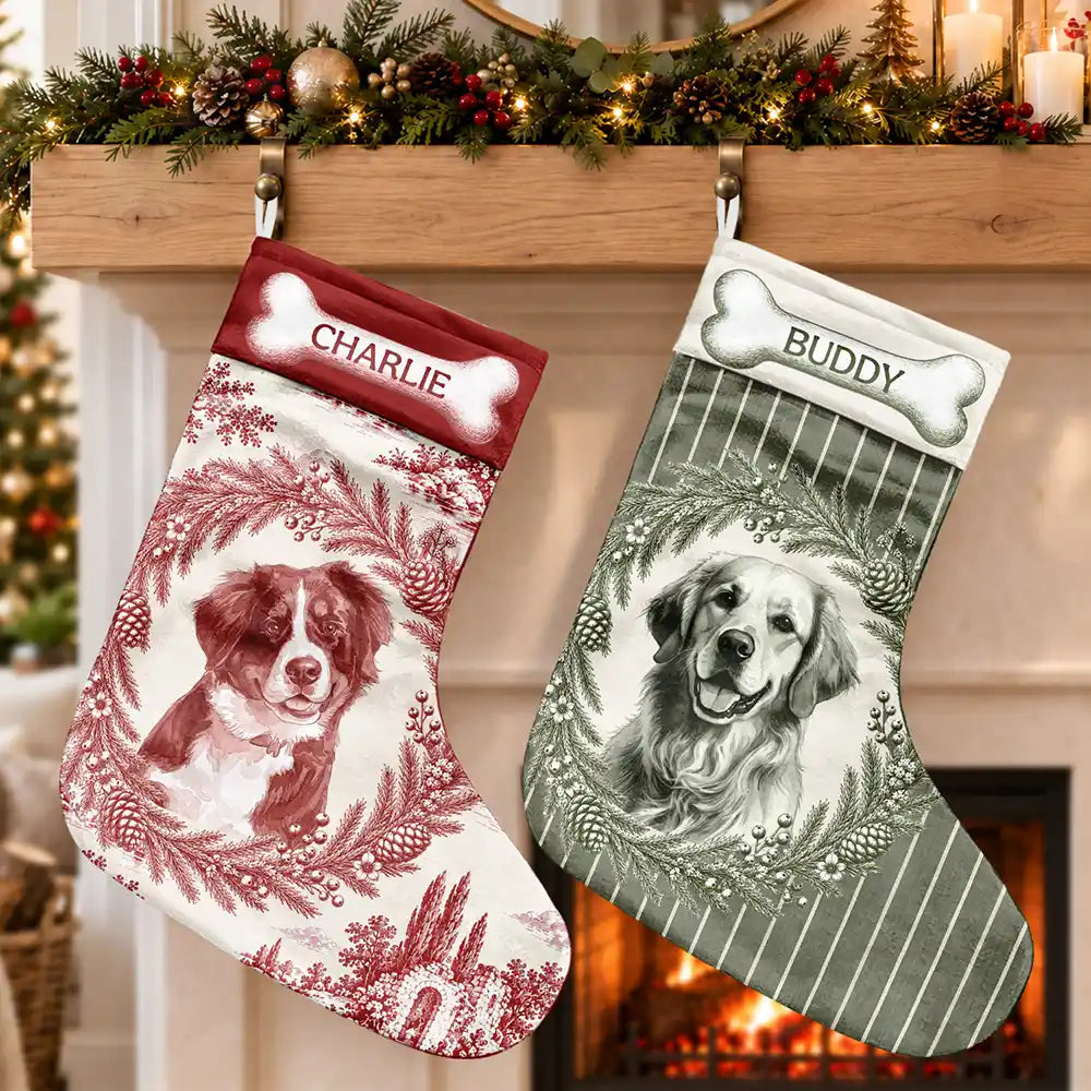 Art Design,Christmas,Custom Photo,Happy,Pet Lovers,Photo - Porcelain Art Style,Top Market - Farmhouse Mantel Decor For Pet Mom - Personalized Custom Photo Watercolor Vintage Toile Christmas Stocking