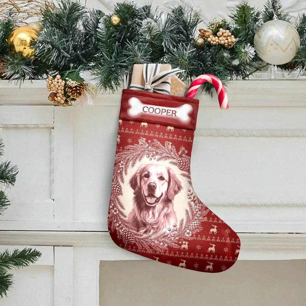 Art Design,Christmas,Custom Photo,Happy,Pet Lovers,Photo - Porcelain Art Style,Top Market - Farmhouse Mantel Decor For Pet Mom - Personalized Custom Photo Watercolor Vintage Toile Christmas Stocking