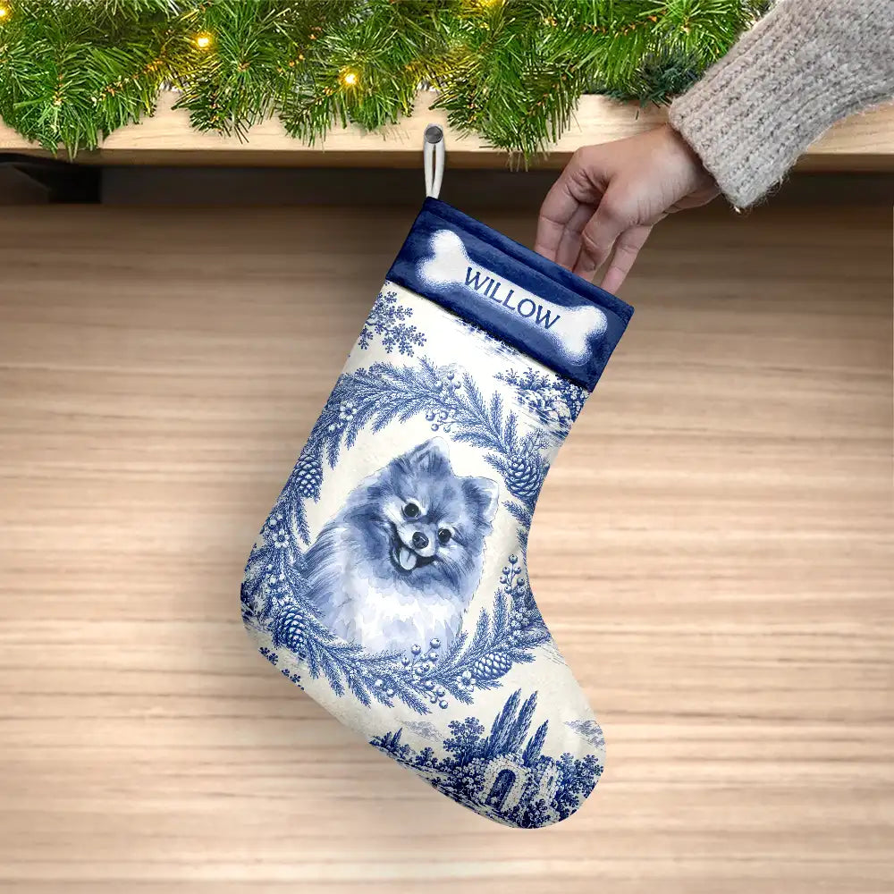 Art Design,Christmas,Custom Photo,Happy,Pet Lovers,Photo - Porcelain Art Style,Top Market - Farmhouse Mantel Decor For Pet Mom - Personalized Custom Photo Watercolor Vintage Toile Christmas Stocking