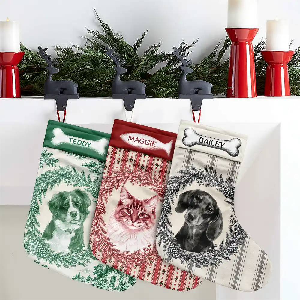 Art Design,Christmas,Custom Photo,Happy,Pet Lovers,Photo - Porcelain Art Style,Top Market - Farmhouse Mantel Decor For Pet Mom - Personalized Custom Photo Watercolor Vintage Toile Christmas Stocking