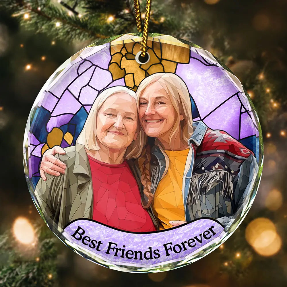Afro Besties, Art Design, Christmas, Custom Photo, Gift For Bestie, Photo - Stained Glass, Sentimental - Christmas Gift For Besties - Personalized Custom Photo Stained Glass Effect Glass Ornament