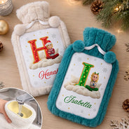 Christmas,Cozy,Gift For Yourself,Gifts For Her,Gifts For Him,Vector - Christmas Birthday Gift For Her - Personalized Initial With Character And Name Hot Water Bottle