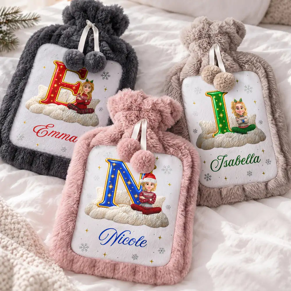 Christmas,Cozy,Gift For Yourself,Gifts For Her,Gifts For Him,Vector - Christmas Birthday Gift For Her - Personalized Initial With Character And Name Hot Water Bottle