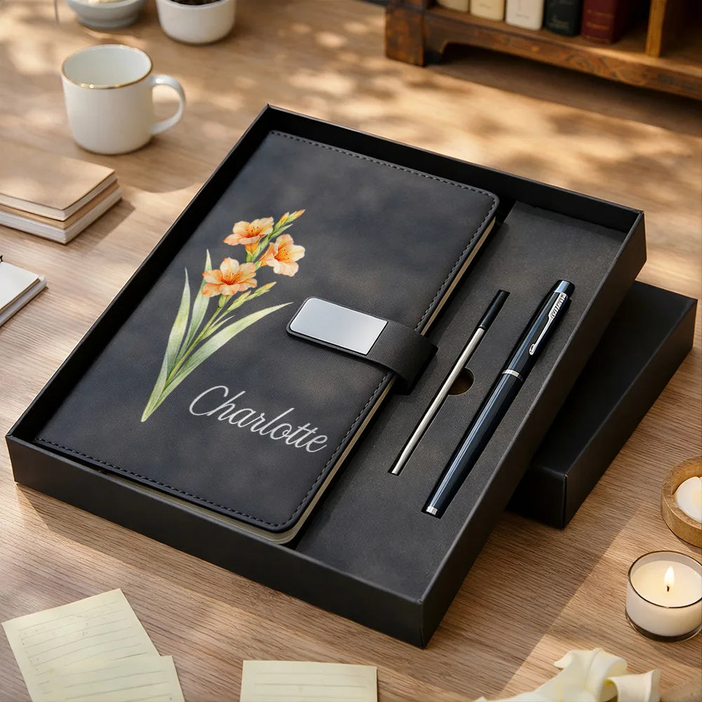 Christmas, Gift For Women, Gift For Yourself, Gifts For Her, Happy, Vector - Gift For Her, Besties, Colleagues - Personalized Birth Month Flower Leather Notebook Set