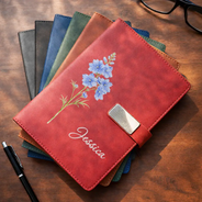 Christmas, Gift For Women, Gift For Yourself, Gifts For Her, Happy, Vector - Gift For Her, Besties, Colleagues - Personalized Birth Month Flower Leather Notebook Set