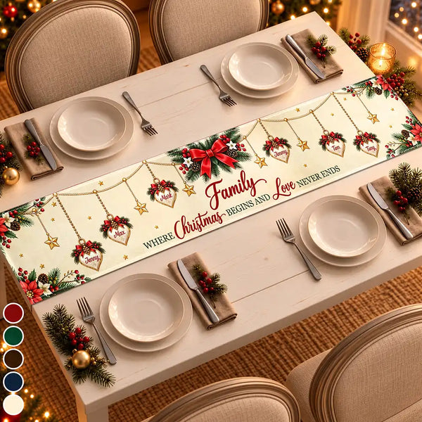 Christmas,Family,Icon,Sentimental - Family Christmas Dinner Decor - Personalized Heart Names Family Where Christmas Begins And Love Never Ends Table Runner