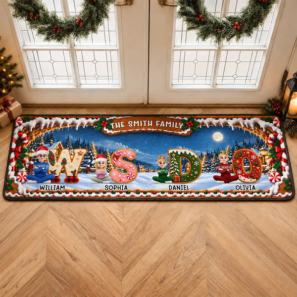 Christmas,Family,Happy,Vector - Gift For Family - Personalized Names And Characters Iced Cookie Initial Letters Runner Rug