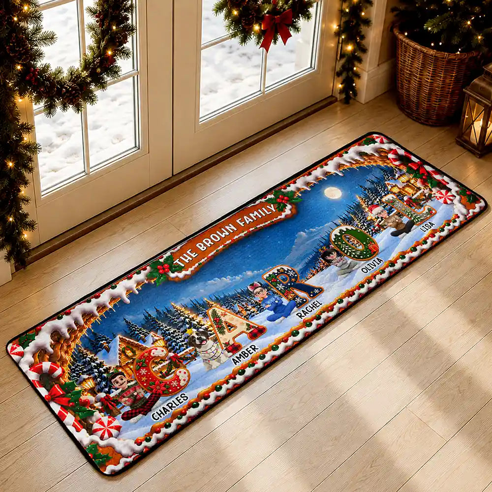 Christmas,Family,Happy,Vector - Gift For Family - Personalized Names And Characters Iced Cookie Initial Letters Runner Rug