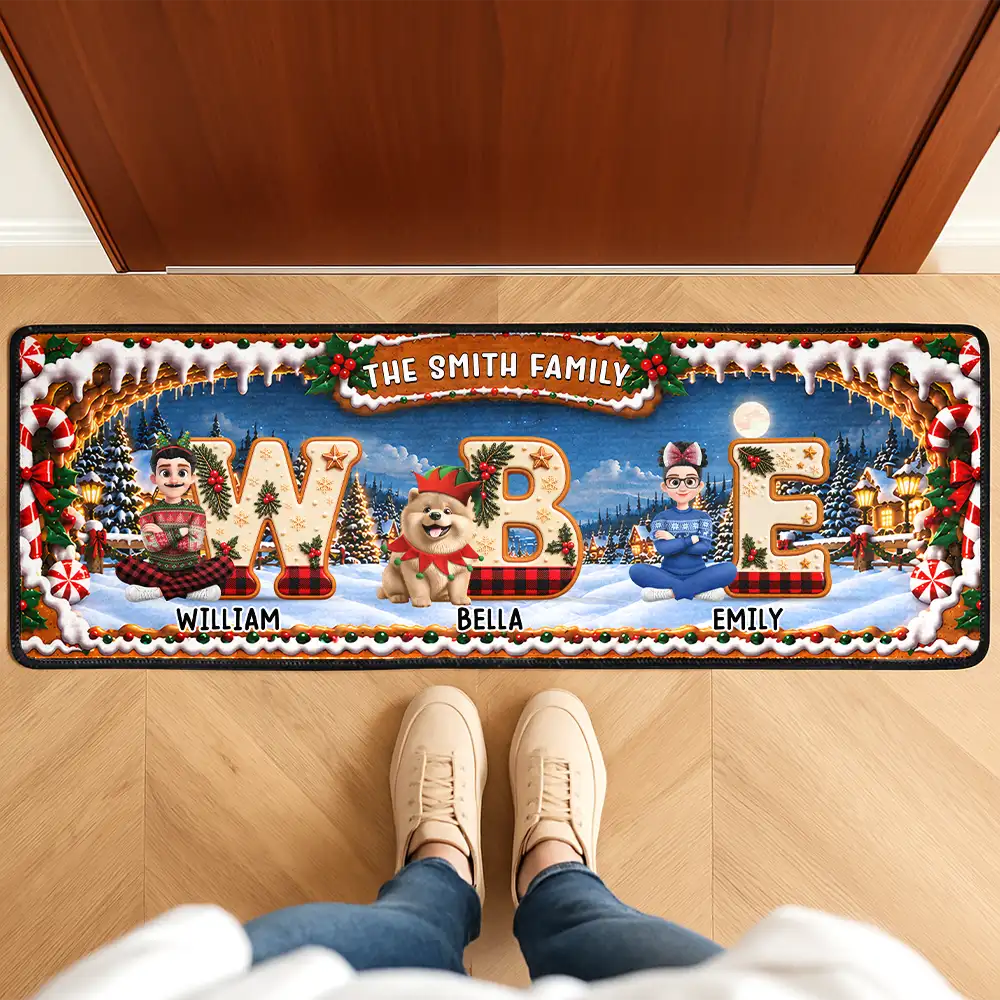 Christmas,Family,Happy,Vector - Gift For Family - Personalized Names And Characters Iced Cookie Initial Letters Runner Rug