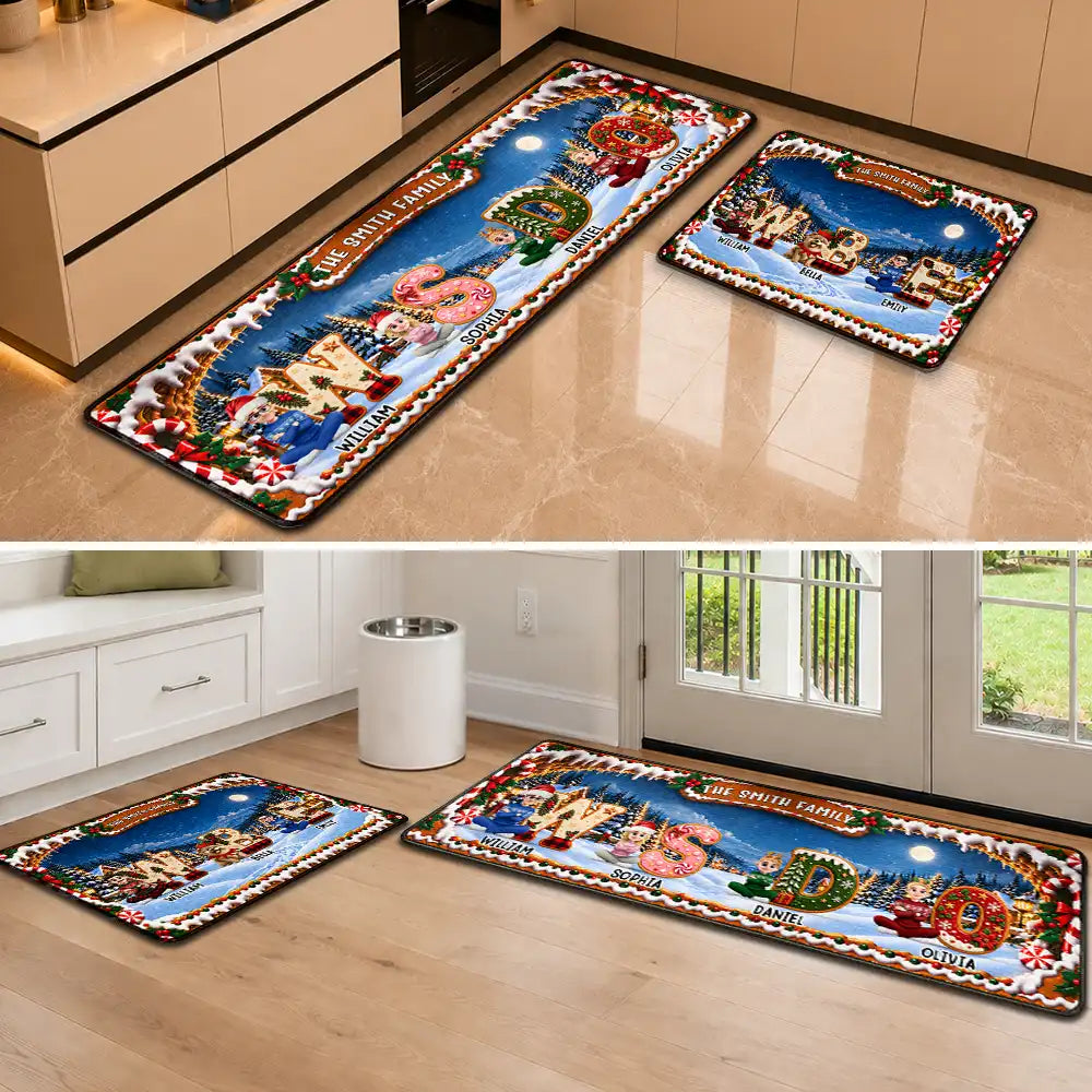 Christmas,Family,Happy,Vector - Gift For Family - Personalized Names And Characters Iced Cookie Initial Letters Runner Rug
