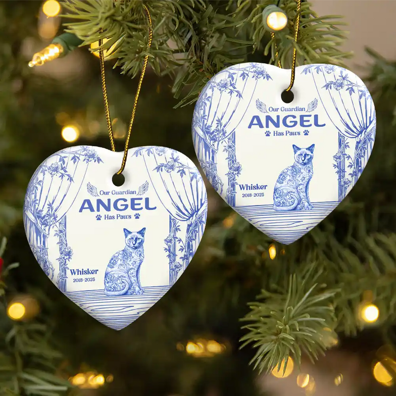 Christmas,Cat Lovers,Cat Mom,Cat Dad,Sad - Chinoiserie Toile Cat Sitting On The Windowsill - Personalized Heart Ceramic Ornament