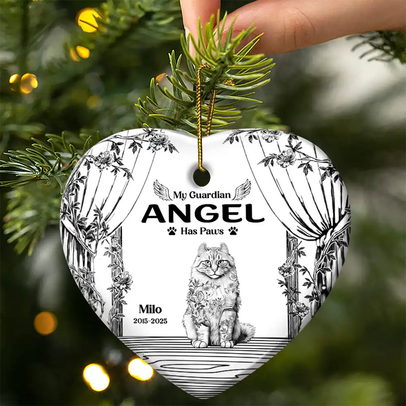 Christmas,Cat Lovers,Cat Mom,Cat Dad,Sad - Chinoiserie Toile Cat Sitting On The Windowsill - Personalized Heart Ceramic Ornament