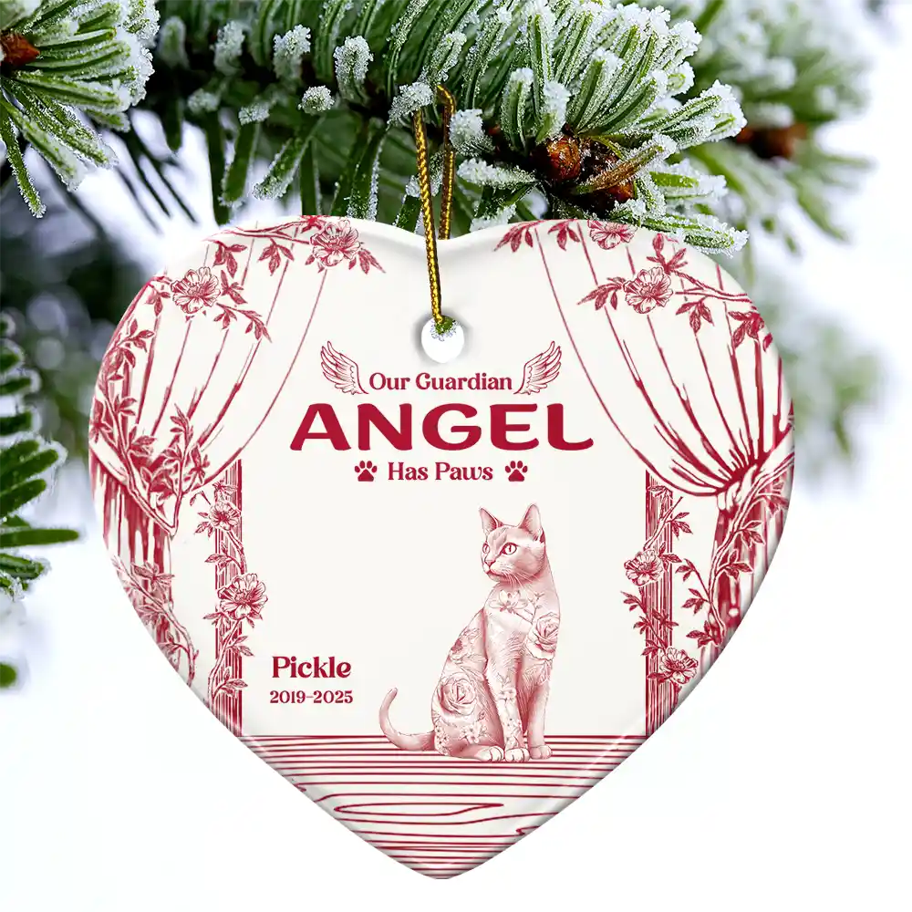 Christmas,Cat Lovers,Cat Mom,Cat Dad,Sad - Chinoiserie Toile Cat Sitting On The Windowsill - Personalized Heart Ceramic Ornament